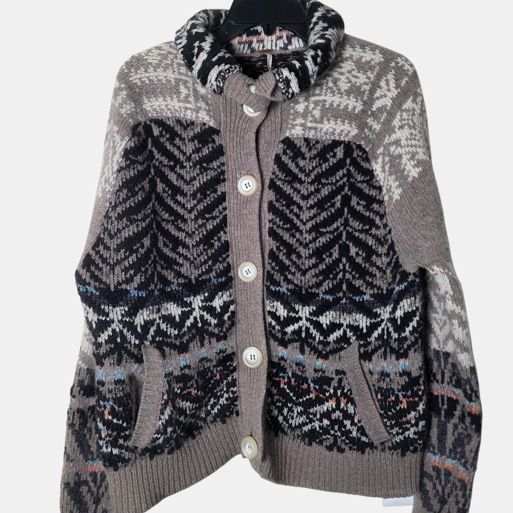 Free People Fair Isle nordic wool blend Turtleneck chunky Button Sweater Size L - Picture 1 of 11